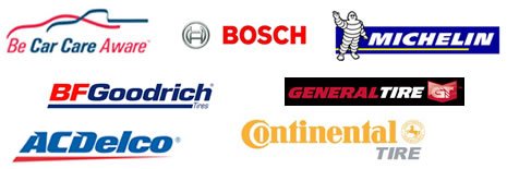 Logos for Be Car Aware, BOSCH, Michelin, BFGoodrich, General Tire, ACDelco, and Continental Tire.
